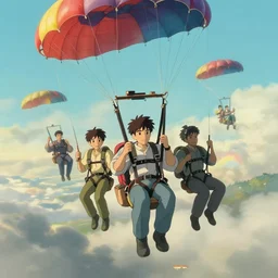 five parachutists go to the plane, portrait, painting by craig mullins, octane rendering, soft morning lighting, wide angle lens, in the style of hayao miyazaki, trending on artstation,
