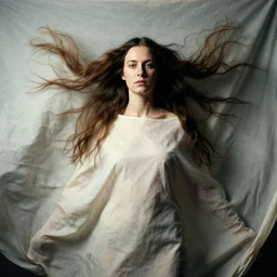 a portrait of a woman with long hair wearing a fabric cloth drapery by peter mohrbacher and jenny saville and jeremy geddes, billowing, dramatic, dynamic lighting, sharp focus, motion, symmetrical features