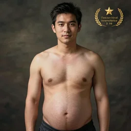Handsome!!! young Asian man with a hairy pregnant belly, photograph