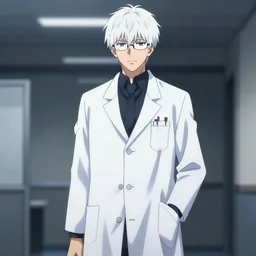 full body anime portrait of a handsome emo with white hair wearing white glasses dressed in a lab coat, cinematic