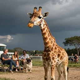 a Giraffe-Pug Hybrid, A Giraffe that looks like a pug, huge tusks, afternoon hangout, good times photograph, candid
