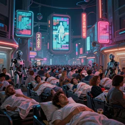 futuristic neon signs in a scene of ( millions of people ) waking up, ( ( robot cyborgs ) ), futuristic oil painting by jeff koonz, ( ( led panel screens and projections ) ), ( ultra realistic ), dynamic lighting, ( octane render ), ( ( ( vertical led strip lighting ) ) ), 3 5 mm lens, film grain - n 4