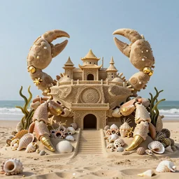 ornate sand sculpture on the beach made of elaborate sea shells, gold accents, seaweed trees, crab claw turretsinsane detail, luxury, intricate carving, intricate lines, Zbrush, 3D scuplture, 8K