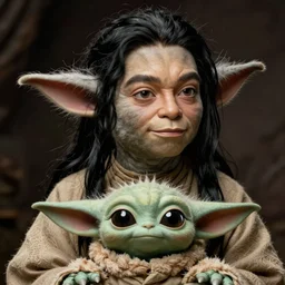 still of yoda as a young!! man. long black hair. smooth skin. face looks like young albert einstein and stuart freeborn and grogu