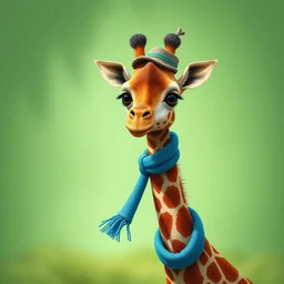 little anthropomorphic giraffe with a blue scarf with a small hat goes to meet the green african savannah, wlop