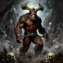 shackled in the void of hell, frank frank frazetta and cgsociety, stunning god of sasquatch, charlie bowater and tom bagshaw, insanely detailed, deviantart, space art, atoms surrounded by skulls, death, and spirits deep under the haze smoke, horror, sci - fi, surrealist painting, by peter mohrbacher