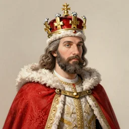 official Portrait of a King. Wearing a large crown and a red cape. Detailed