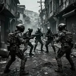 industrial alien soldiers fighting unrest in the streets, dark, dirty, dingy, photorealistic, 8 k photograph, cinematic