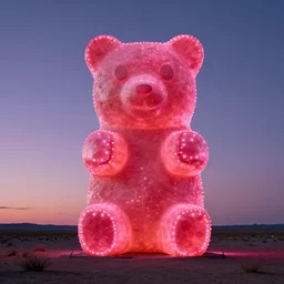 an atmospheric portra 800 photo of a gigantic 10ft tall gummy bear lit up by pink led string lights in the middle of nowhere by greg rutkowski, anato finnstark. hyper detailed, 50mm, award winning photography.
