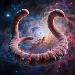 giant cosmic space worms flying around in space, among colorful vibrant nebulas, bright stars, misty clouds, extremely detailed, beautiful, masterpiece