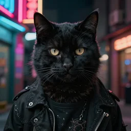 portrait photo of an anthropomorphic male black tabaxi cat furry fursona, handsome eyes, wearing black grungy clothing, neon back alley background at night, 4 k realistic trending on artstation