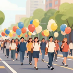 A large group of people parading through the street holding balloons, there are a lot of ballons, calm afternoon, overcast day, 1980s.