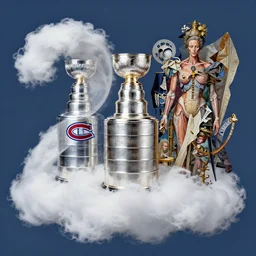 the habs have won 2 4 stanley cups, transparent volumetric clouds, fashion photography, pop art, extremely detailed, artforum, juxtapoz art, wind blown fabric, nouveau realisme decollage, surreal object photography, haute couture, lowbrow pop surrealism, anatomical art aesthetic, hermeticism, alchemy, trismegistus