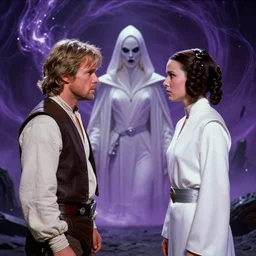screenshot of Luke Skywalker and Princess Leia, facing off against an incredibly haunting female sith lord in white, on a sith planet of purple magic maelstrom, iconic scene from the 1970s sci fi thriller film directed by Stanley Kubrick, moody cinematography, hyper-detailed, sharp, anamorphic lenses, kodak color stock, 4k, stunning