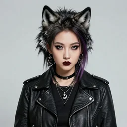 portrait of a punk girl in a leather jacket wearing a wolf's head, artwork by boneface