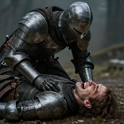 masterpiece closeup a knight kneeling over his dead dead dead friend lying before him and crying crying crying, by Greg Rutkowski Thomas Kincade, detailed, 4k, cinematic, intense, gritty, fantasy, two characters, tragedy, 50mm camera lens
