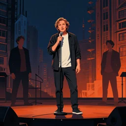 comedian on stage by, mads berg, karolis strautniekas, film noir, stippled light, dramatic lighting, editorial illustration, detailed, fine texture, matte print, art deco, brutalism, dark blue + dark orange, red, black, ( ( habitat 6 7 background ) )