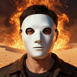 half masked man in front of burning desert, portrait, highly detailed face, by ilya kuvshinov, greg rutkowski and makoto shinkai, trending on artstation