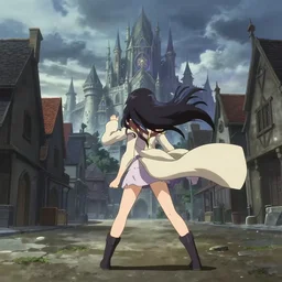 anime frames, anime visual, full body portrait of a young woman in the medieval city square looking at the fantasy palace in the distance, cute face by ilya kuvshinov, rumiko takahashi, dynamic pose, dynamic perspective, rounded eyes, moody, psycho pass, kyoani, yoh yoshinari
