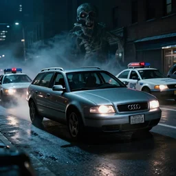 Audi A4 B6 Avant (2002) chased by mafia cars, a gritty neo-noir, dramatic lighting, cinematic, establishing shot, extremely high detail, photorealistic, cinematic lighting, artstation, by simon stalenhag, Max Payne (PC) (2001) winter new york at night, eldritch horror