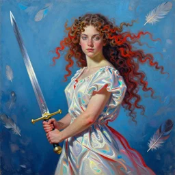 a painting of a woman who made of curly silk with red edges is holding a sword, a digital painting by peter mohrbacher, trending on artstation, metaphysical painting, speedpainting, made of feathers, digital painting, holographic undertones, highly saturated colors, 4 k, digital art, concept art, trending on artstation