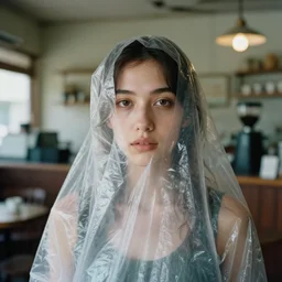 closeup portrait of a woman wrapped in plastic, standing in a derelict coffee shop cafe, color photograph, by vincent desiderio, canon eos c 3 0 0, ƒ 1. 8, 3 5 mm, 8 k, medium - format print