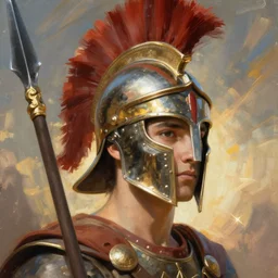 Closeup shot of a young Spartan soldier, helmet, spear, painting, majestic art