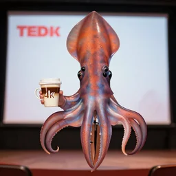 a giant - squid!!!!!!!!!!! giving a ted - talk!!!!!!!!!!!!!! ted - talk!!!!!!!!!!!!!! holding a ( ( ( ( ( ( cup of coffee ) ) ) ) ) ), 4 k, 3 5 mm, bokeh
