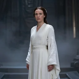 film still of millie bobby brown as princess leia in star wars movie, long braided hair pulled back, wearing long white robe in a sith temple, deep focus, glamour pose, dramatic lighting, octane, mist, steve mccurry, volumetric lighting, 8 k