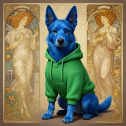 Character portrait of a blue furry anthro blue heeler dog wearing a Green hoodie and black pants in the City, intricate, elegant, highly detailed, digital painting, artstation, concept art, smooth, sharp focus, illustration, art by Krenz Cushart and Artem Demura and alphonse mucha