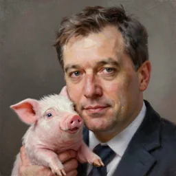 viktor orban with highly detailed face holding a cute little piggy, oil painting