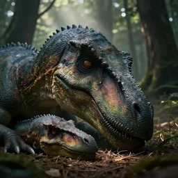 closeup of monster hunter guildmarm\'s face, examining a sleeping dinosaur in the forest, natural lighting, moody shadows, god rays, faint dust in the air, DSLR photo, 4k