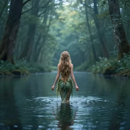 forest nymph rising from the water. view from behind, wide angle view, back view. nuri iyem, james gurney, james jean, greg rutkowski, anato finnstark. trending on artstation, starlight, and enchanted dreams. instagram photo shoot, sigma 3 5 mm, award winning photography, corrected hands