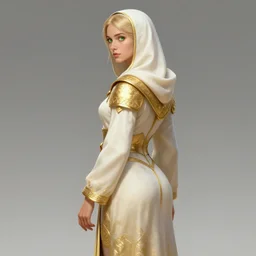 Female cleric, golden-white robes, fantasy, green eyes, extremely detailed face!, young, 2 arms and 2 legs!, shaped derriere, looking from side!, artstationHD, octane, by artgerm and wlop