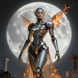 Alluring Futuristic Cyborg goddes of moon. By Frank Lloyd Wright, concept art, inrincate, sharp focus, digital painting, unreal engine, cgsociety, neoclassical, mech, robot, fractal flame, cinematic, overwatch skin, highly detailded