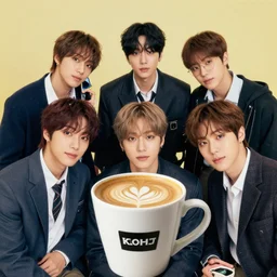 a cup of coffee part 4 with johnny suh, mark lee, jung jaehyun, ten lee, and kim doyoung, all from the group nct, neo culture technology, portraiture, art by gogos basil