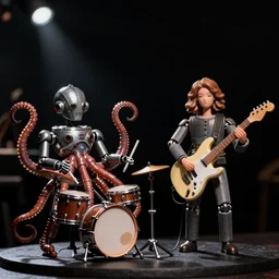 a beautiful electronic concert photo shot of a couple of threea toys figurines by ashley wood, world war one robot octopus playing drums and fender telecaster guitar, black background, concert light, dark mood