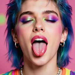a colorful vibrant closeup portrait of a glam musician licking a tab of lsd acid on his tongue and dreaming psychedelic hallucinations, by kawase hasui, moebius, edward hopper and james gilleard, zdzislaw beksinski, steven outram colorful flat surreal design, hd, 8 k, artstation