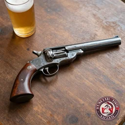old west pistol an beer at a table, top view, pro photo, logo, album