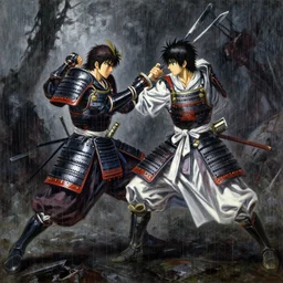 baroque oil painting of key visual samurai duel, samurai armor, rain, brutalist fantasy, style of makoto shinkai takashi takeuchi yoshiyuki sadamoto, fate stay night