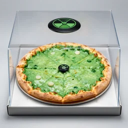 green uranium pizza, radioactive, contained in a secure translucent box