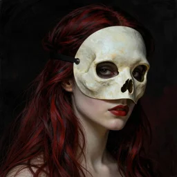 gustave dore beautiful desirable vampire girl wearing a ivory skull mask with some crimson, black background, beautifully lit, hyperdetailed, lighting, featured on artstation, by james jean, moebius, cory loftis, craig mullins, rutkowski, mucha klimt and tom bagshaw, 4 k, micro details