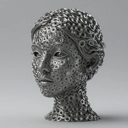 an intricate and extremely detailed sculpture of a female head made of metal rings