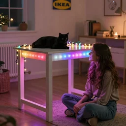 table from ikea lack with led lighting inside. a black cat lies on an ikea lack table. multi - colored leds, garland. beautiful girl sitting on the floor