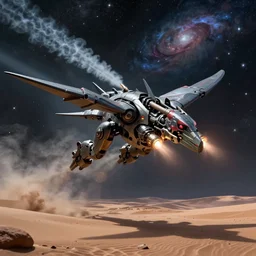 a pteranodon mecha fighter zooms through the dark primordial maelstrom void of an HR Giger a painted desert valley, contrails of smoke, nebula and cosmic sky, cinematic lighting, engines blazing robotech mecha styling by Jessica Rossier and John Berkey, cinematic, realistic
