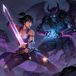 , woman with illuminated sword and android with neon gloves fighting a shadow demon, digital effects fantasy ,digital art, illustration, stylized, cel shaded