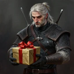 a digital painting of the witcher holding a gift box, hyper realistic, very detailed, trending in artstation, epic scene, dramatic lighting, matte paint,