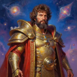 A cyborg Bob Ross as the ultimate tyrant emperor of the universe. Trending on ArtStation. A vibrant digital oil painting. A highly detailed sci-fi fantasy character illustration by Wayne Reynolds and Charles Monet and Gustave Dore and Carl Critchlow and Bram Sels