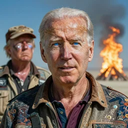 a highly very very detailed photo of Joe Biden with ((plasma eyes)) attending Burning Man on the Playa with an Anarcho-primitivist Donald Trump survivalist covered in body glitter, very very detailed, photorealism, Photoshop, very coherent, HD