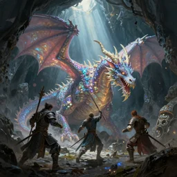 three fantasy warriors slaying a large iridescent dragon in a dark cave, rays of light from above, fantasy painting by greg rutkowski